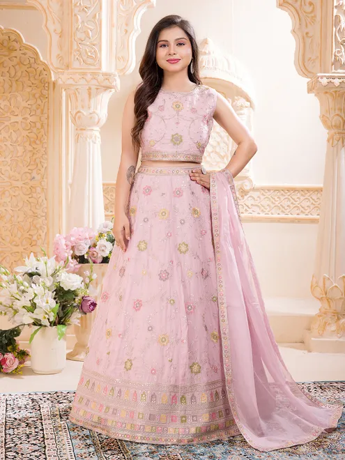 Pink silk embroidered work wedding wear lehenga choli