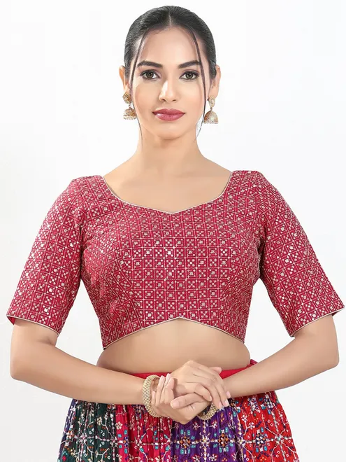 Pink silk embroidery work elbow sleeve blouse