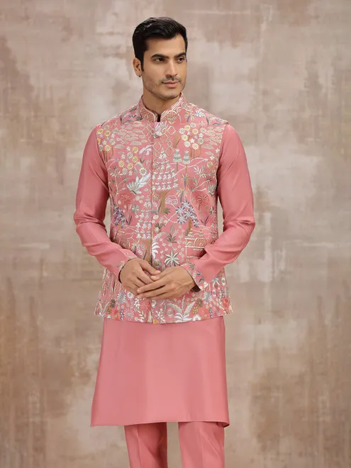 Pink silk embroidery worked wedding waistcoat set