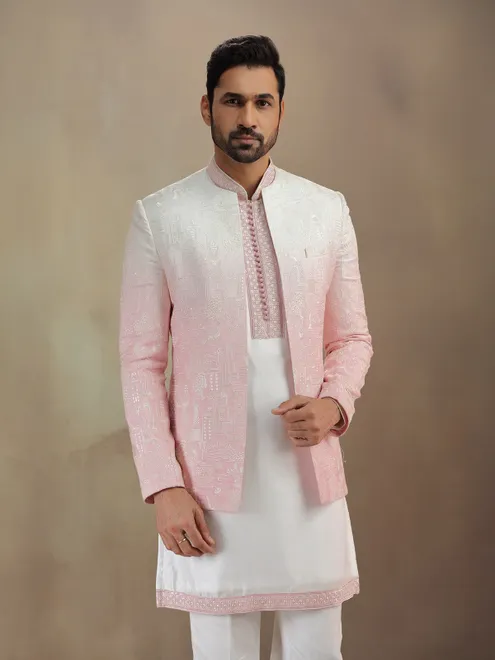 Pink silk indowestern set with rich embroidery