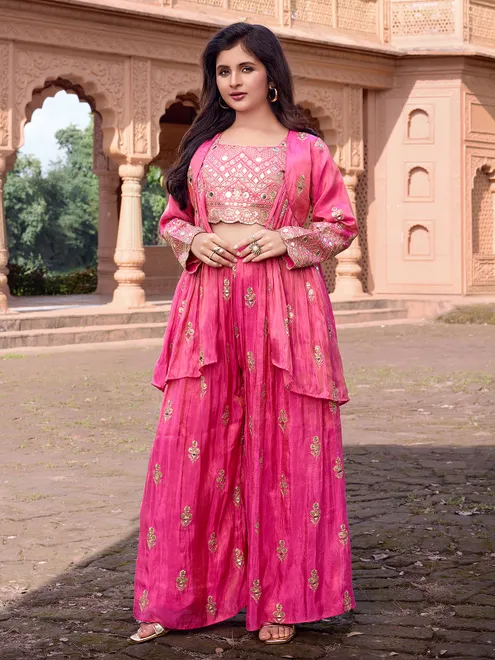 Pink silk jacket style aabla embroidered palazzo suit