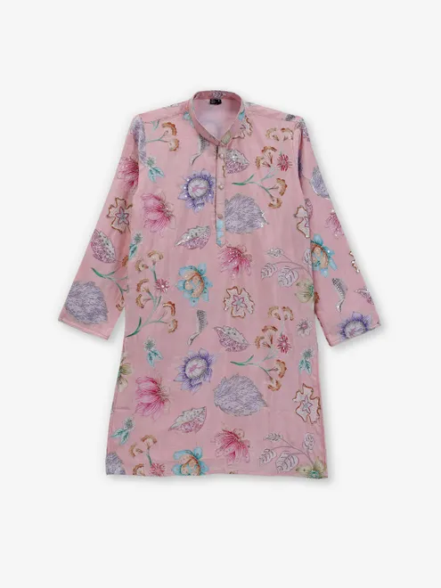 Pink silk kurta set for boys with floral print