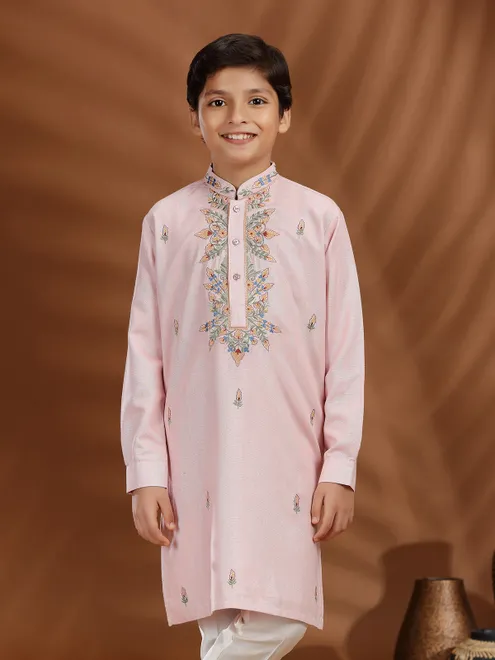Pink silk Kurta suit with embroidered