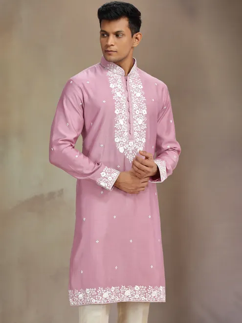 Pink jaquard silk kurta suit with thread embroidery