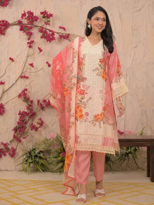 Pink silk kurti set with cutdana embellishment