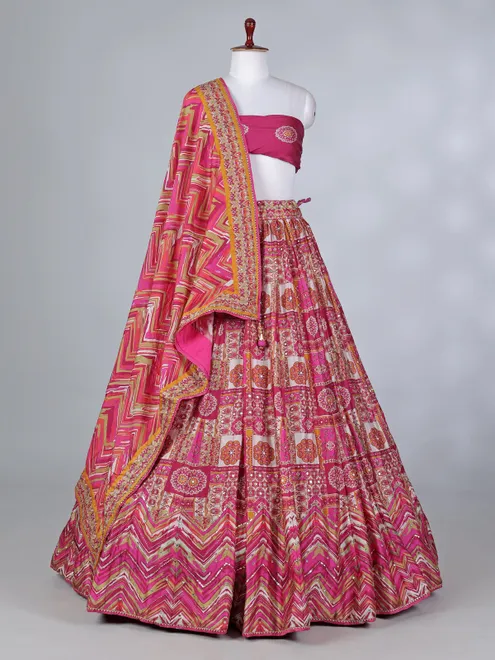 Pink silk mirror cutdana lehenga choli