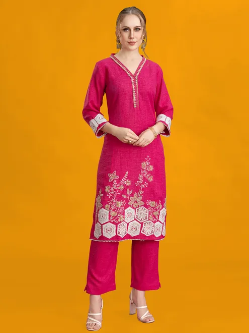 Pink silk pant set with thread and embroidery