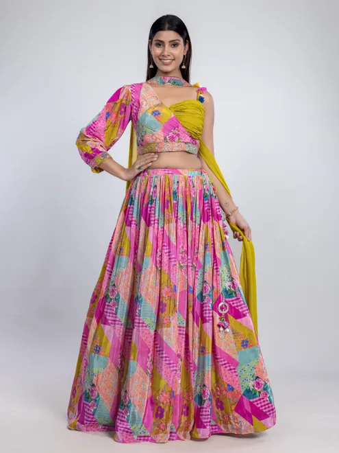 Pink silk printed lehenga choli with choker dupatta