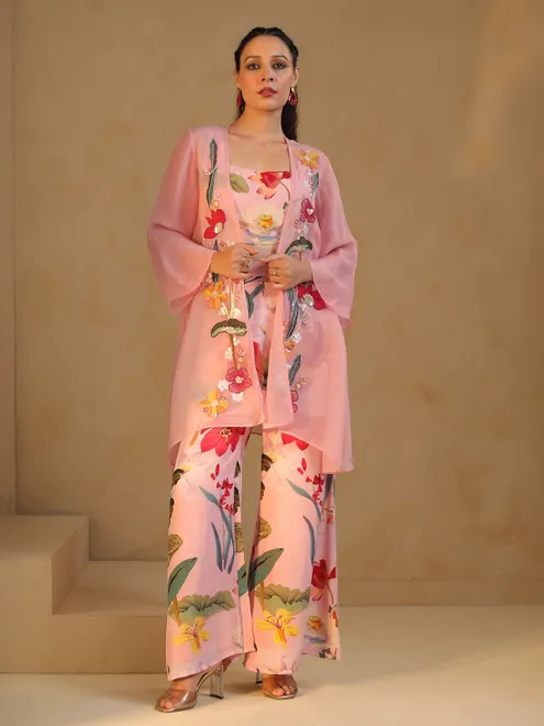 Pink silk printed palazzo co ord set