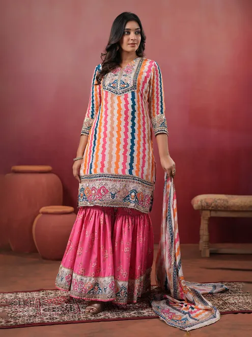 Pink silk printed yoke style sharara set
