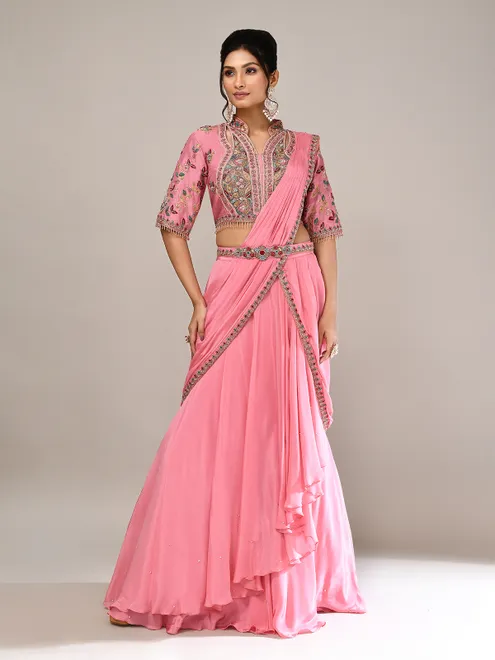 Pink silk resham work wedding wear lehenga choli