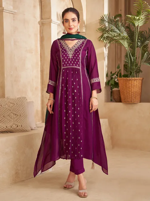 Purple cotton silk festive salwar suit
