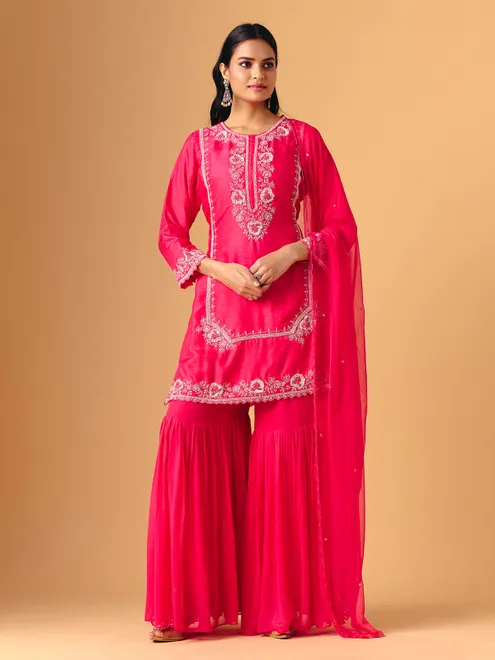 Pink silk round neck shimmering sharara suit