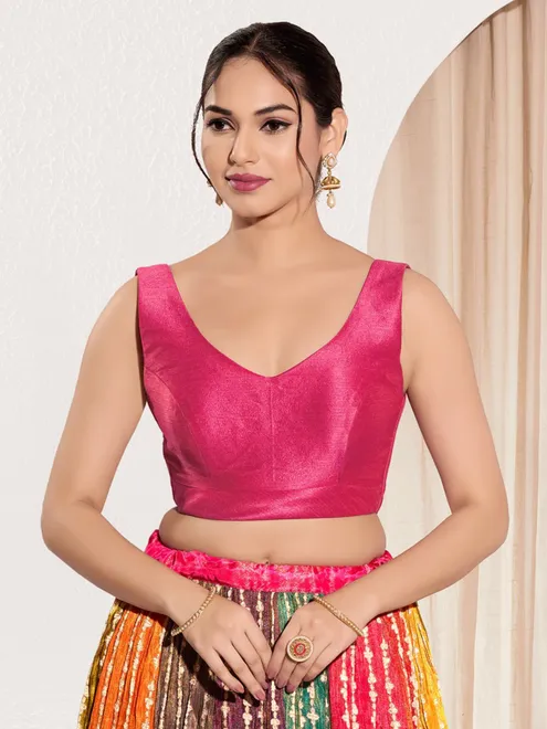 Pink silk round neck sleeveless festive blouse