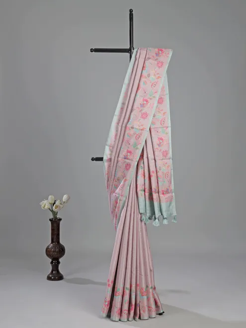 Pink silk saree with floral printed and zari weaving