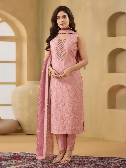 Pink silk straight cut aabla work salwar suit