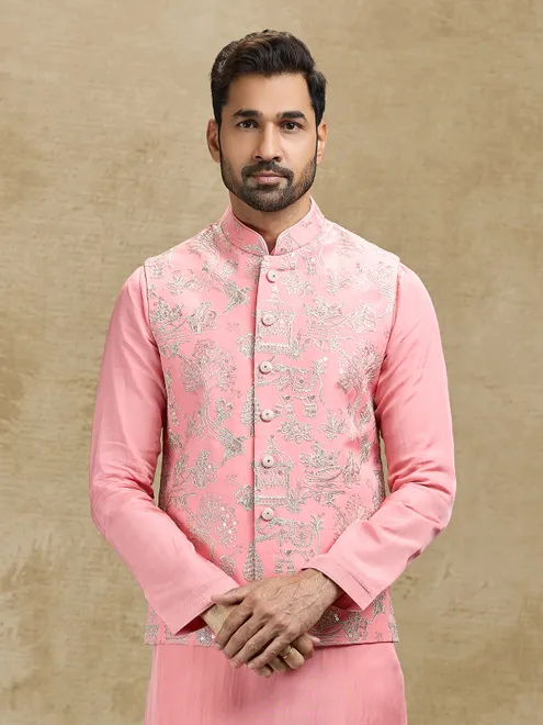 Pink silk waistcoat set for wedding wear for men