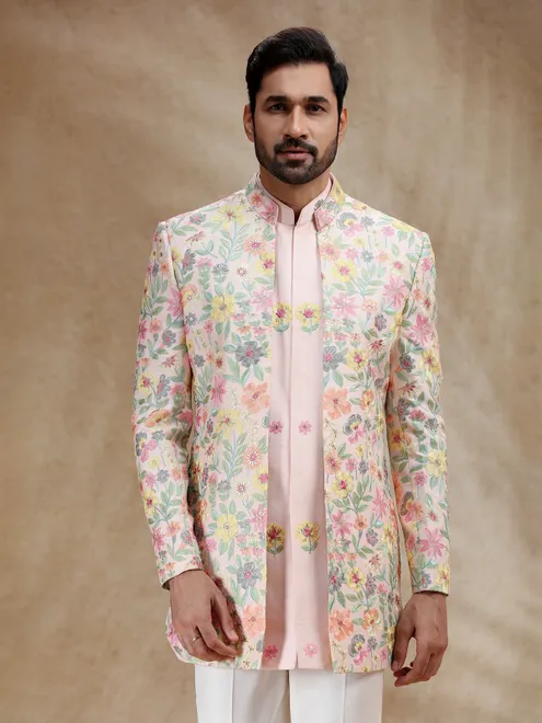 Pink silk wedding wear indowestern for men