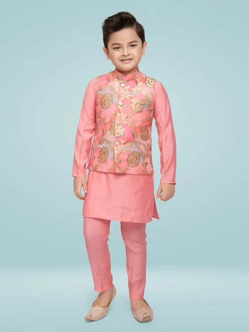Pink silk zari woven waistcoat set