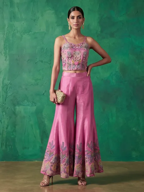 Pink sleeveless festive designer palazzo suit