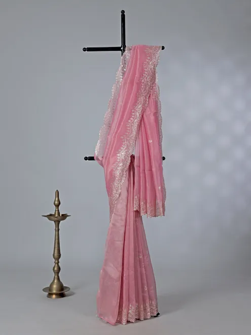Pink thread work organza saree for weddings