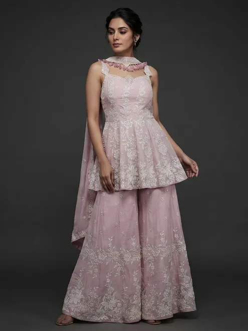 Pink tissue linen palazzo suit with tassel dupatta