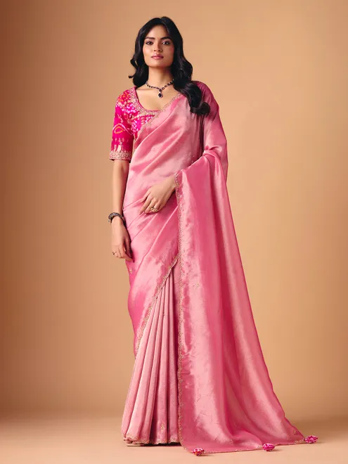 Pink tissue silk designer saree for reception