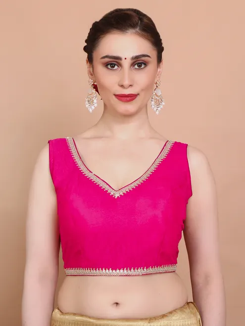 Pink tissue silk ready made blouse with sleeveless