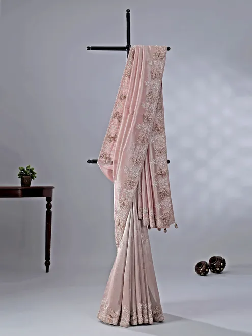 Pink tissue silk saree with pearl detailing
