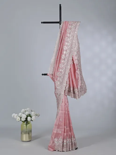 Pink tissue silk saree with resham elegance