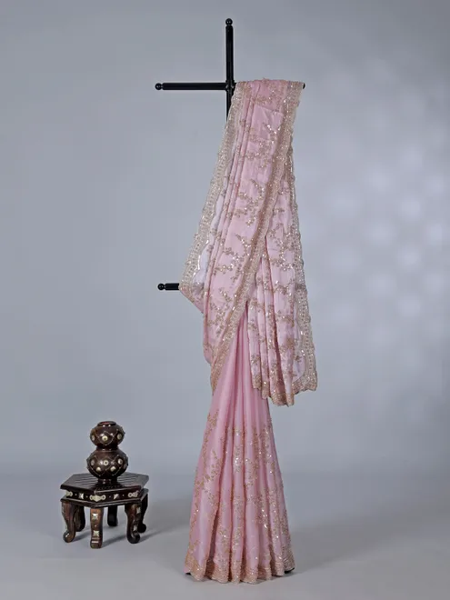 Pink tissue silk saree with resham work