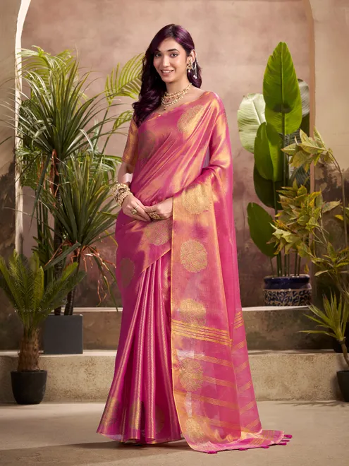 Pink tissue silk saree with zari glow