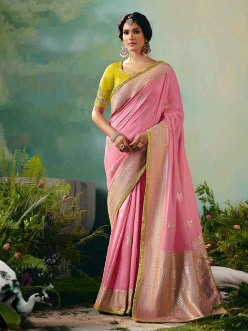 Pink viscose dola silk saree for festival wear