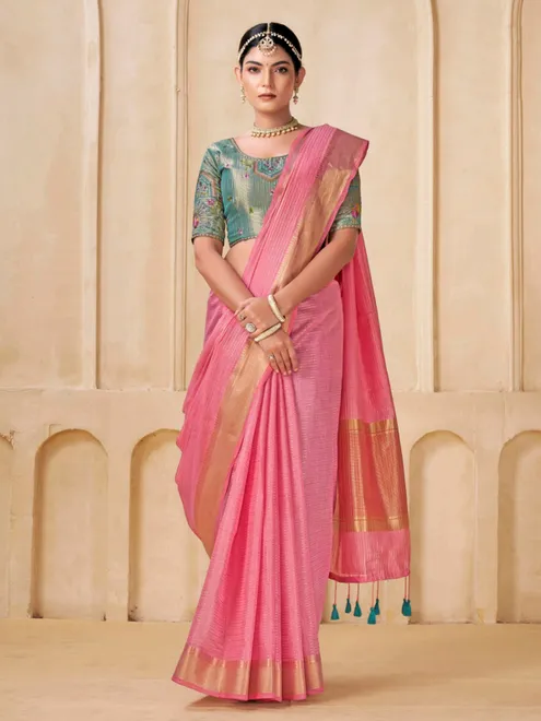 Pink viscose saree with contrast blouse