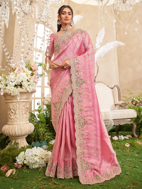 Pink viscose silk saree with rich embellishments