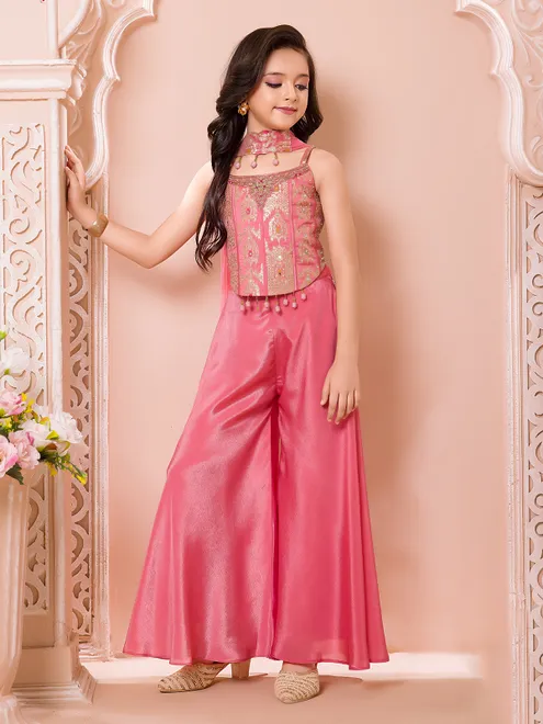 Pink wedding wear silk palazzo suit with choker dupatta