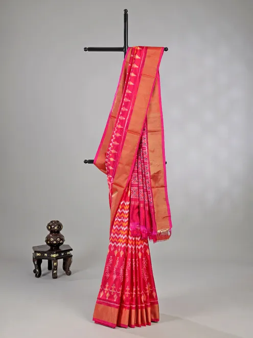 Pink zari weaving patola silk saree for festive radiance