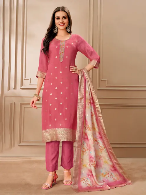 Pink zari worked organza salwar suit with printed dupatta