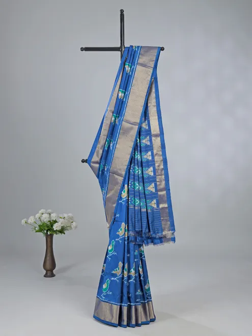Blue printed patola silk saree for festive
