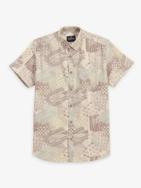 PIONEER cream printed cotton slim fit shirt