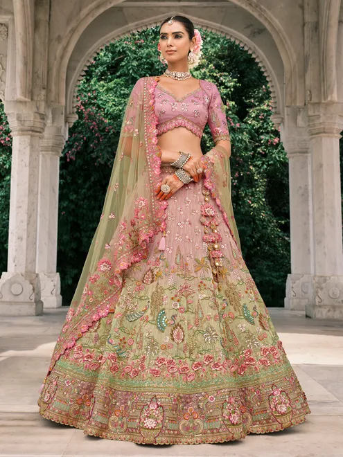 Pista and pink silk shaded lehenga choli