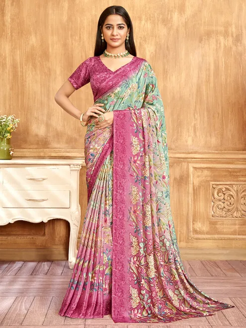 Pista green and pink crepe saree for women