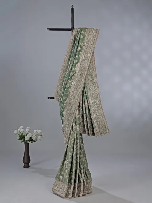 Pista green banarasi silk saree with zari work