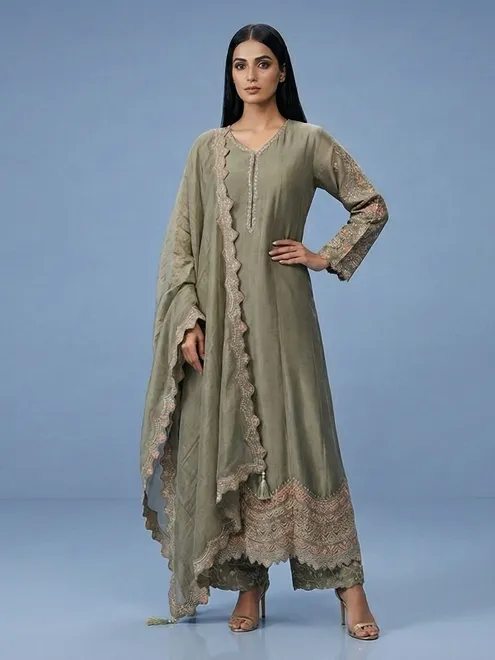 Pista green chiffon anarkali zardosi work festive suit