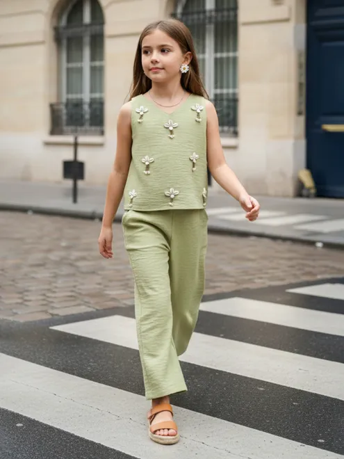 Pista green chiffon silk cowrie shell co ord set