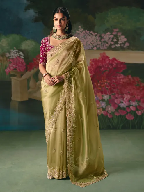 Pista green chinon silk saree for festive wear