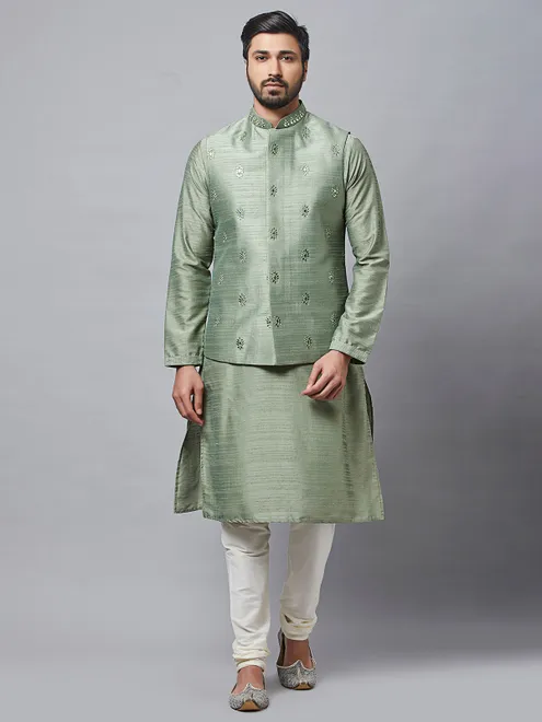 Pista green colour raw silk waistcoat set for men