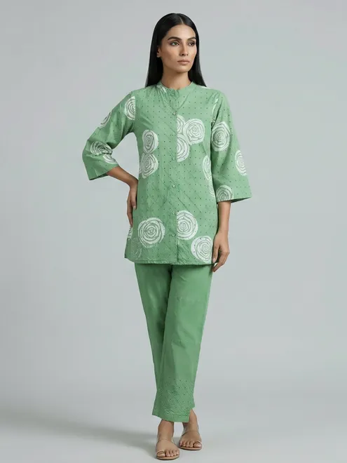 Pista green cotton co ord set with cut work detailing