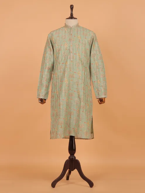 Pista green cotton festive kurta set for men