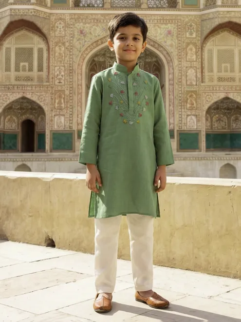 Pista green cotton linen embroidered festive boys kurta set